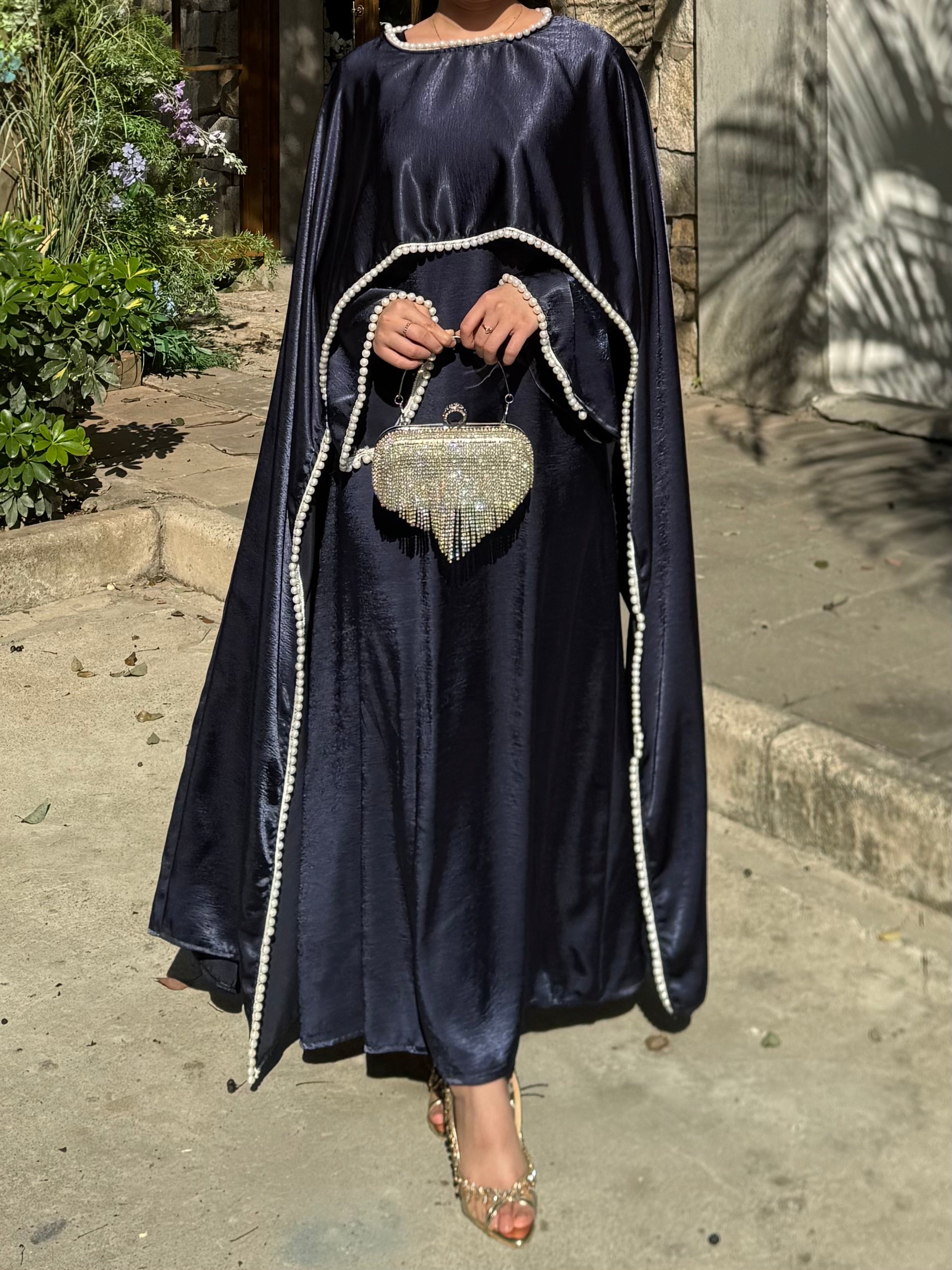 LY28 Two-piece Pearlescent satin Cape dress set , Summer Maxi Womenswear High-end pearl-trimmed long dress