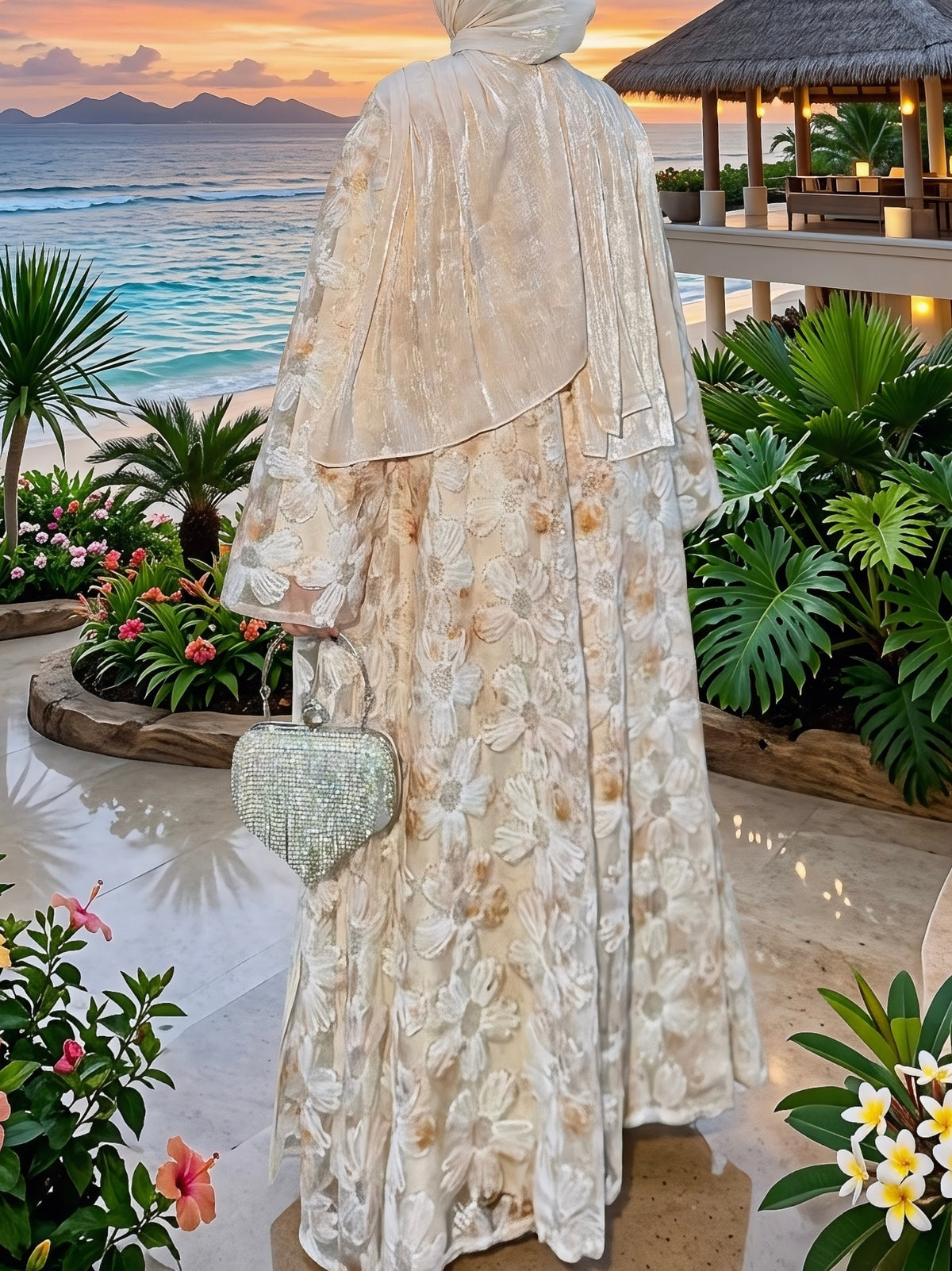 LY26 3D Embroidered Tulle Floral Abaya Set Kimono & Slip Dress Set Premium 3D Floral & Sequin Abaya Two-Piece Set