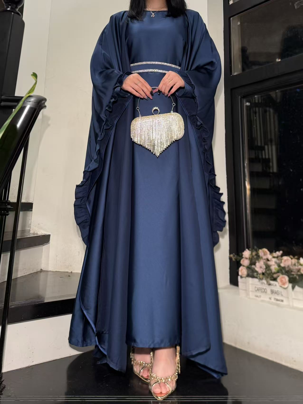 LY16 Two piece butterfly abaya , satin elegant abaya set, Eid abaya ,occasion dress , womwen's islamic long dress