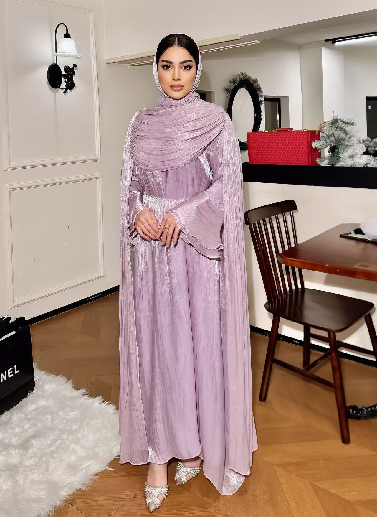 #LY30Elegant Pleated Cape Long Robe, Fashion Reflective Fabric Evening Gown, Suitable for Various Parties and Celebrations, Muslim Women's Dress