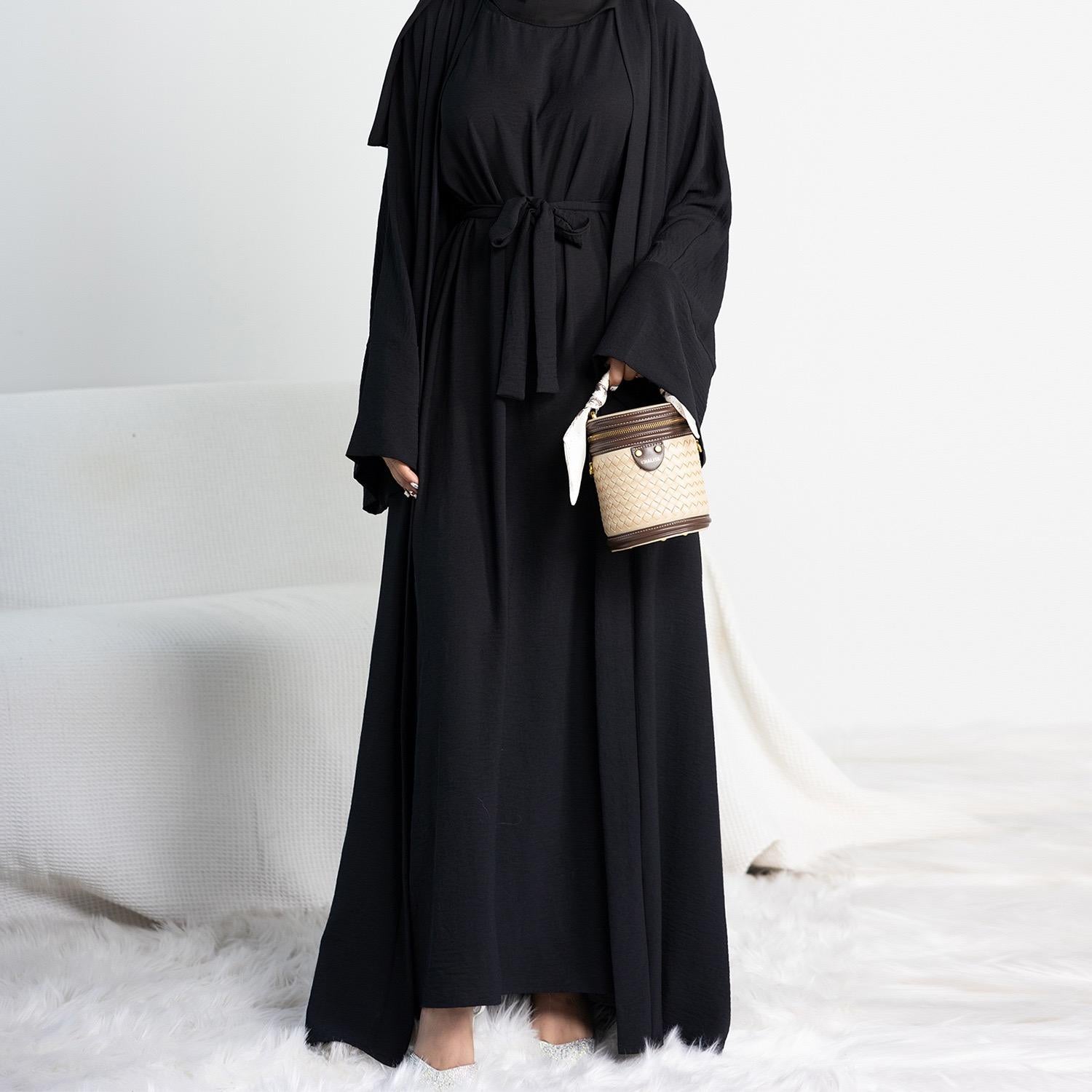 #LY45[Ramadan promotion] Latest model Two pieces crepe abaya come with belt muslim long dress, inner slip and open abaya