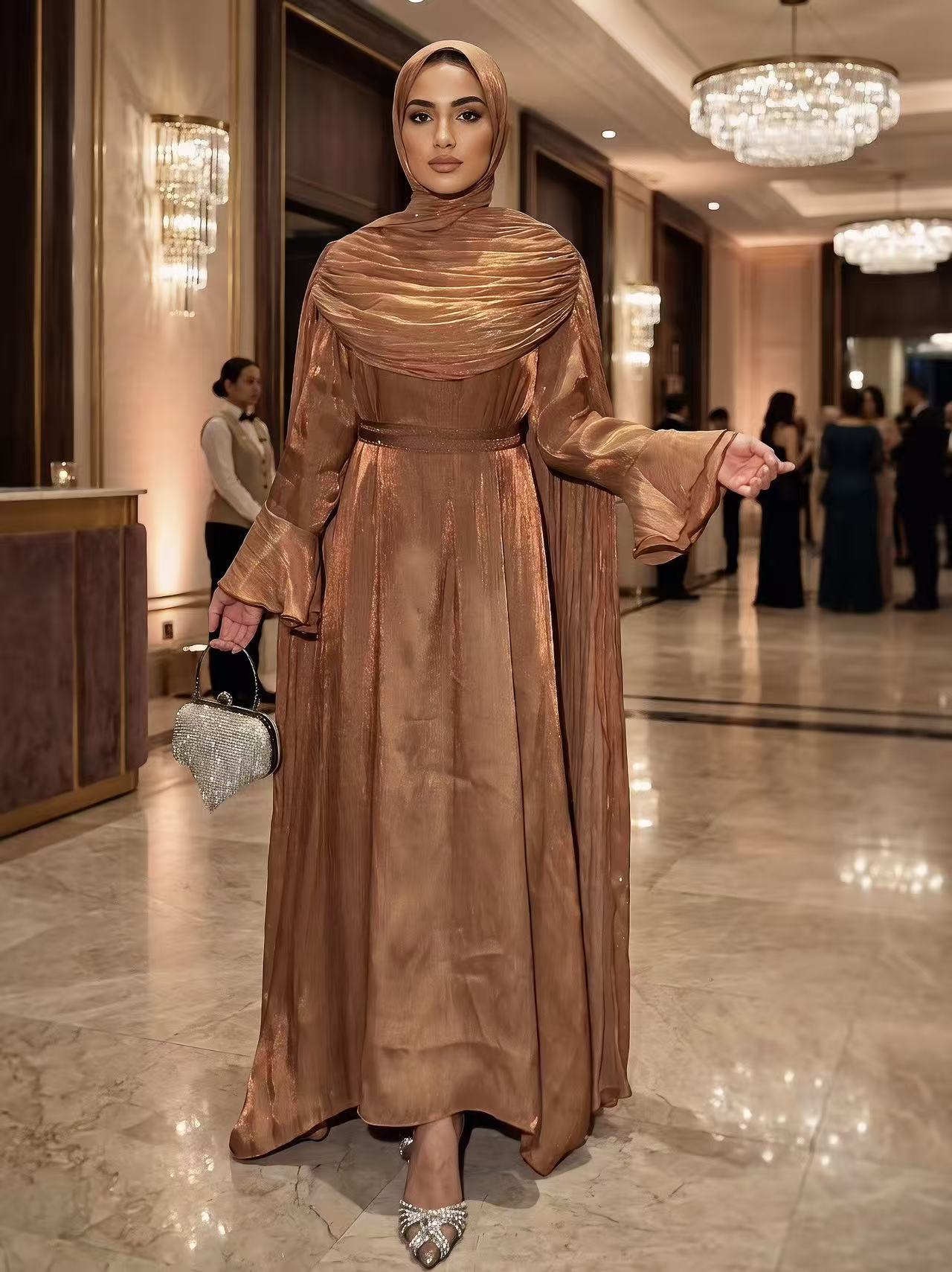 #LY30Elegant Pleated Cape Long Robe, Fashion Reflective Fabric Evening Gown, Suitable for Various Parties and Celebrations, Muslim Women's Dress
