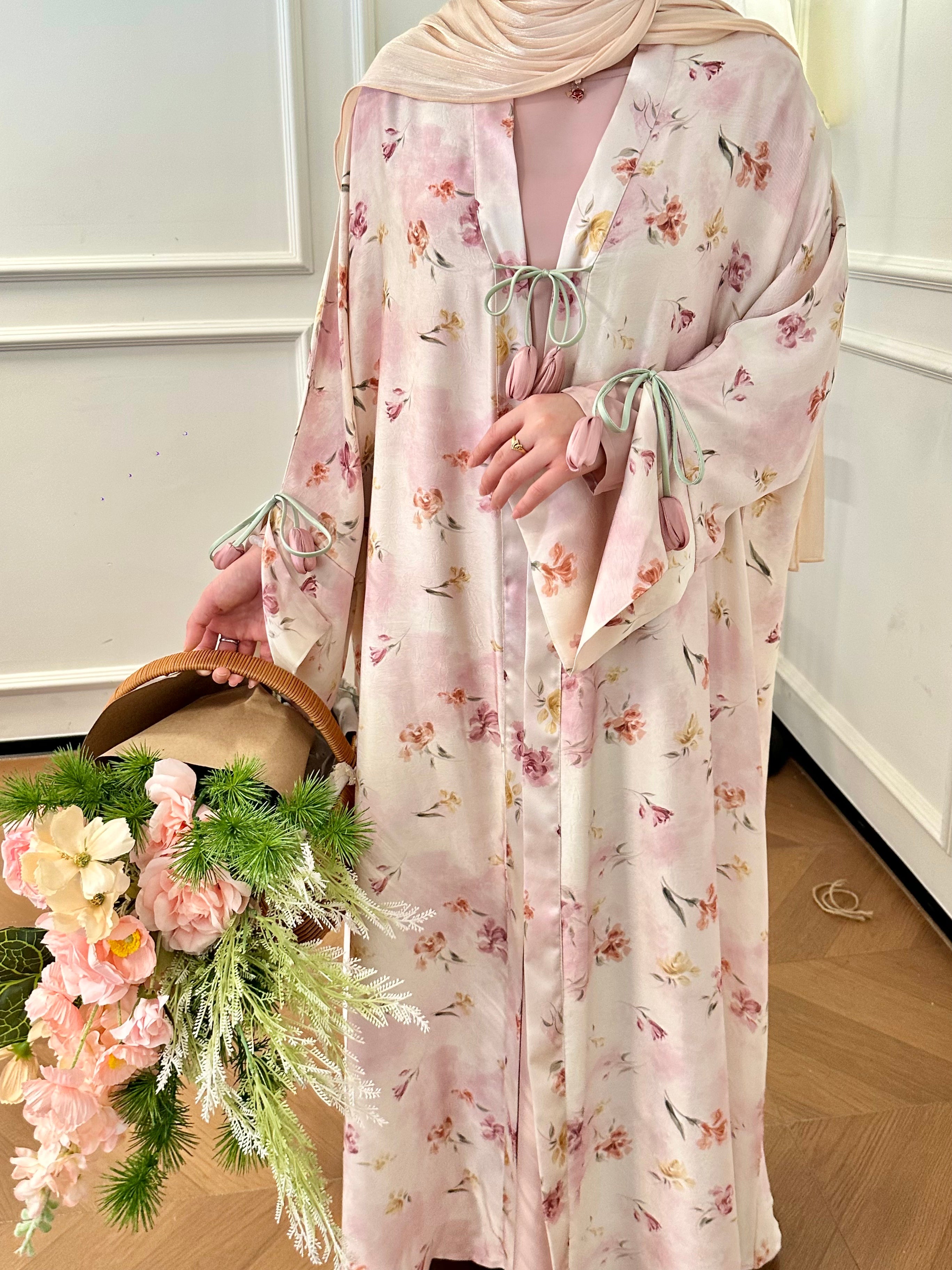 LY22 TWO-PIECE Tulip 3D floral printed satin abaya, loose-fit dress, Arabic romantic printed dress, high-end satin dress, and printed abaya