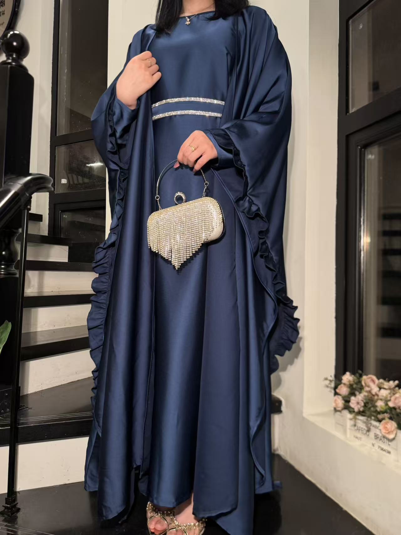 LY16 Two piece butterfly abaya , satin elegant abaya set, Eid abaya ,occasion dress , womwen's islamic long dress