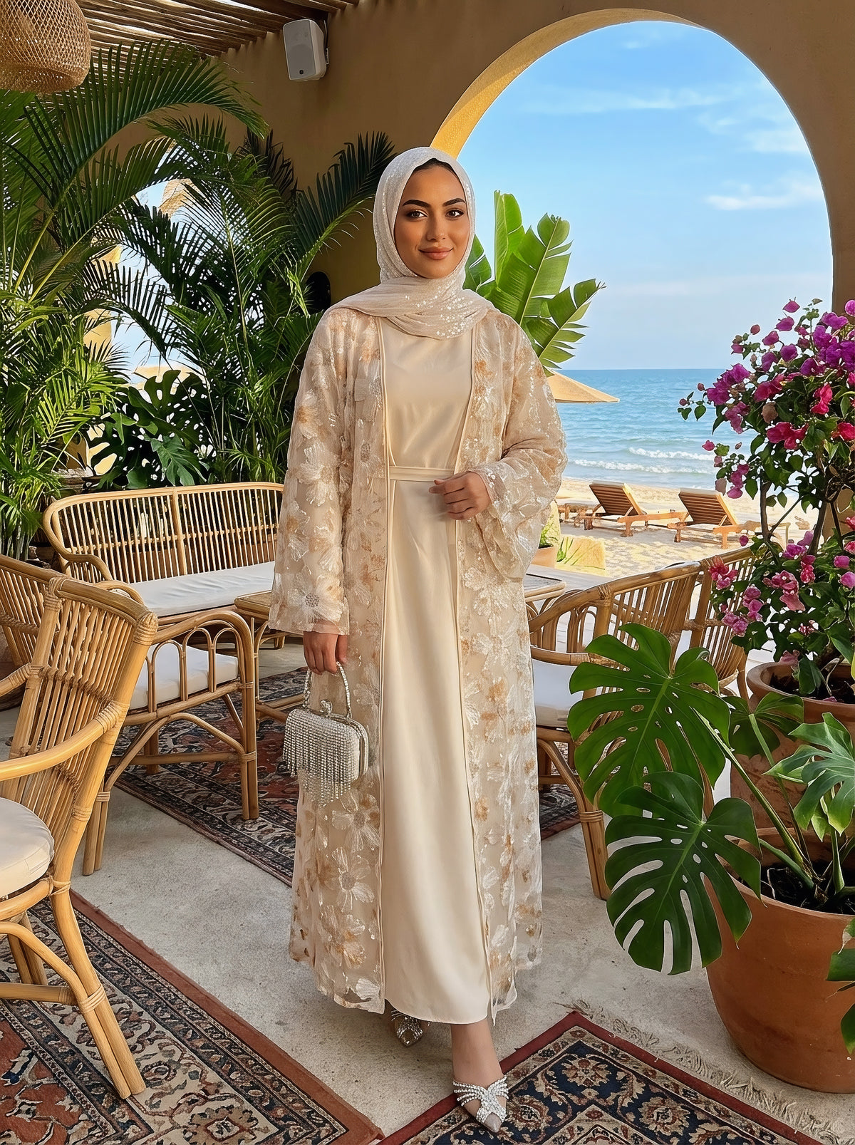 LY26 3D Embroidered Tulle Floral Abaya Set Kimono & Slip Dress Set Premium 3D Floral & Sequin Abaya Two-Piece Set