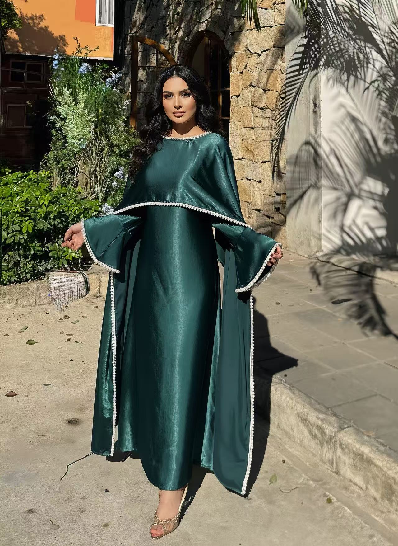 LY28 Two-piece Pearlescent satin Cape dress set , Summer Maxi Womenswear High-end pearl-trimmed long dress