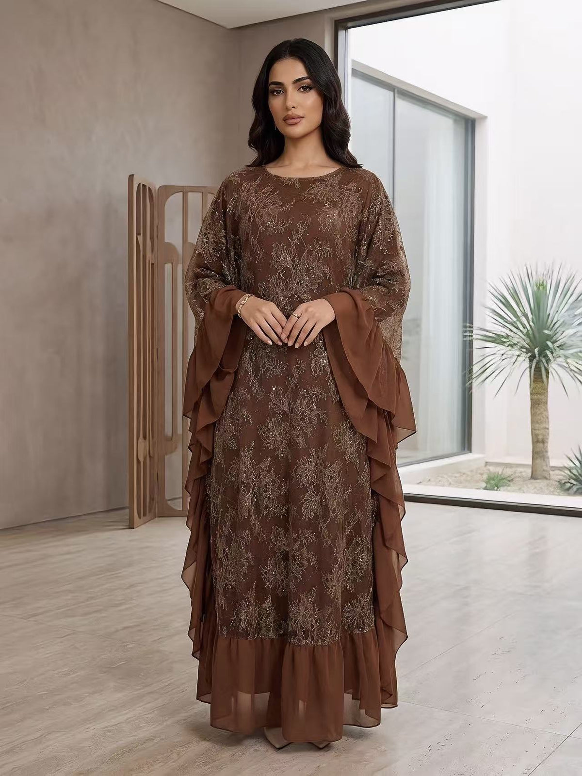 LY38 Two‑Piece Batwing Sleeve Sequin Lace Abaya Dress With Matching Chiffon Hijab, Elegant Modest Maxi Gown For Wedding Party Ramadan
