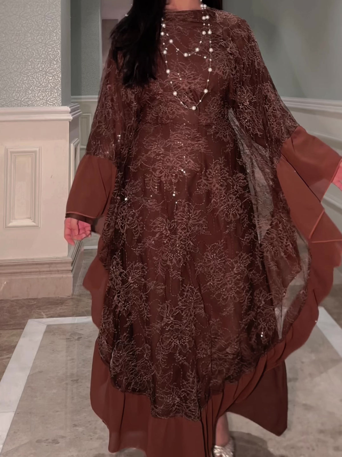 LY38 Two‑Piece Batwing Sleeve Sequin Lace Abaya Dress With Matching Chiffon Hijab, Elegant Modest Maxi Gown For Wedding Party Ramadan